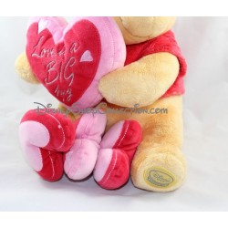 Doudou Plat Ours Winnie L'ourson DISNEY STORE satin rose "Lots of love Pooh & friends"