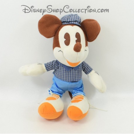 Peluche Mickey DISNEY camicia marrone retrò pantaloni blu raso vintage 26 cm