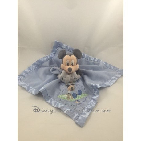 Doudou plat Mickey DISNEY STORE bleu bords satin Mickey et son ourson 33 cm