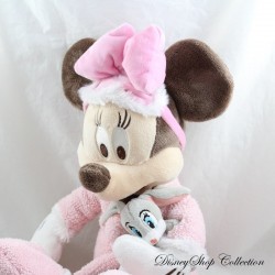 Peluche Minnie DISNEY STORE peignoir rose avec doudou lapin gris 40 cm