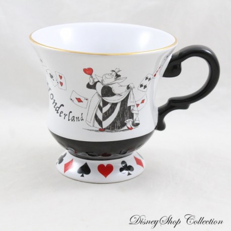 Taza Alicia en el País de las Maravillas DISNEYLAND PARÍS Reina de Corazones Conejo Blanco Negro Blanco Juego de Cartas 11 cm