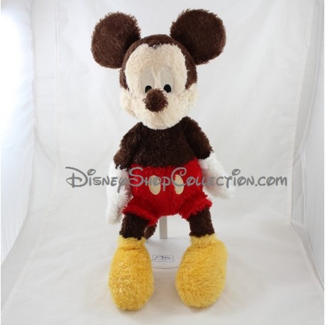 Peluche Mickey DISNEYLAND PARIS poils longs marron rouge jaune 50 cm