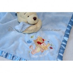 Doudou plat Winnie l'ourson DISNEY STORE Hugs and Squeezes bords satin bleu