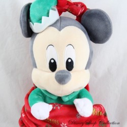 Peluche Mickey DISNEYLAND PARIS lutin vert baluchon couverture my first Christmas Disney Babies 32 cm