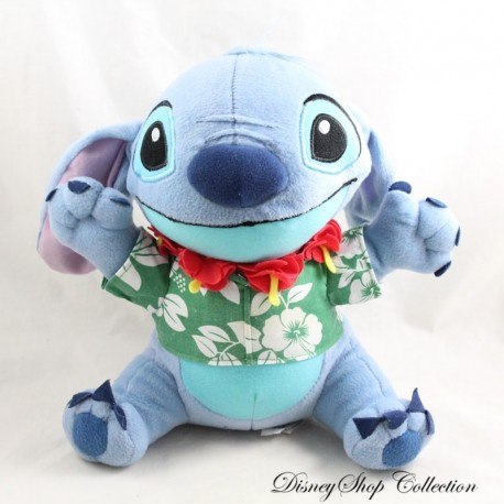 Peluche Stitch DISNEY SEGA chemise vert hawaïenne collier de fleurs rouge 27 cm