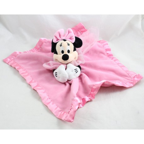 Doudou plat Minnie DISNEY STORE rose voile grelot bords satin 32 cm