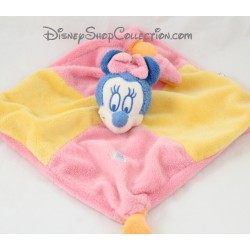 Doudou plat Minnie DISNEY BABY carré rose jaune 4 noeuds 24 cm